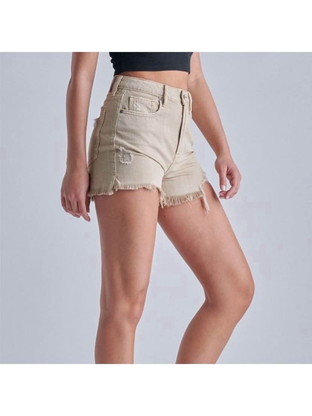 High-Rise Frayed Hem Jean Shorts in Beige